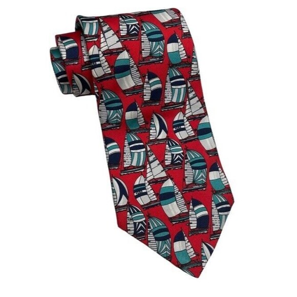 LIBERTY London Sailboat Silk Tie Wide Nautical Red Navy Blue Coastal Preppy EUC - Picture 1 of 9